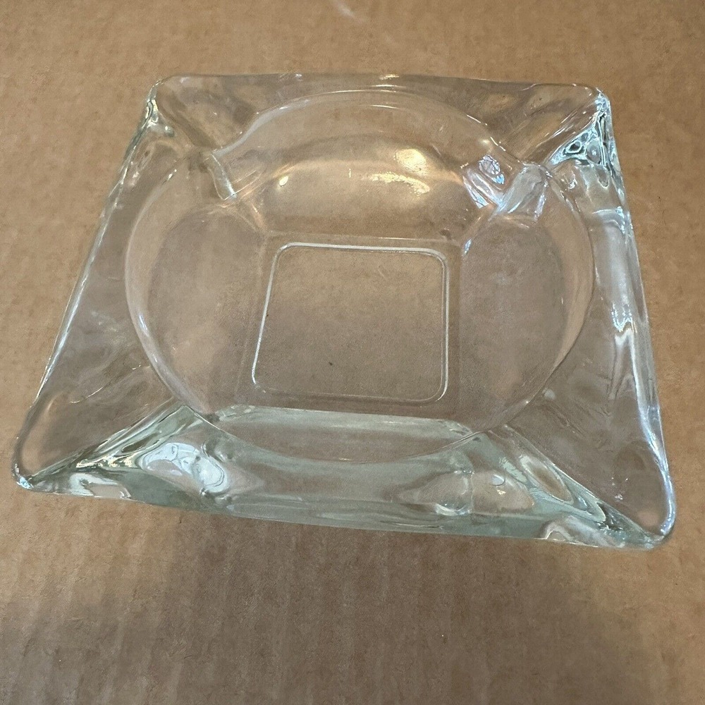 Vintage Square Clear Glass Ashtray Heavy 6” Pre-owned Retro 4 Corner HolderSlots